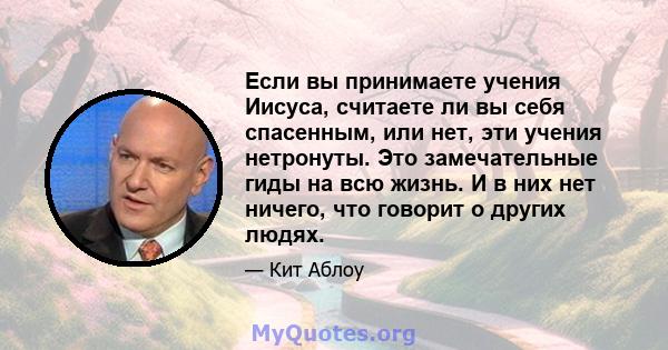 Если вы принимаете учения Иисуса, считаете ли вы себя спасенным, или нет, эти учения нетронуты. Это замечательные гиды на всю жизнь. И в них нет ничего, что говорит о других людях.