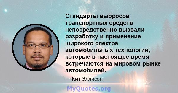 Стандарты выбросов транспортных средств непосредственно вызвали разработку и применение широкого спектра автомобильных технологий, которые в настоящее время встречаются на мировом рынке автомобилей.