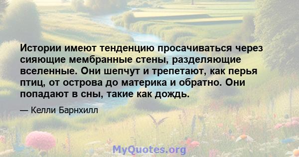 Истории имеют тенденцию просачиваться через сияющие мембранные стены, разделяющие вселенные. Они шепчут и трепетают, как перья птиц, от острова до материка и обратно. Они попадают в сны, такие как дождь.