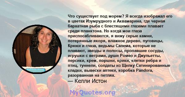 Что существует под морем? Я всегда изображал его в цветах Изумрудного и Аквамарина, где черная бархатная рыба с блестящими глазами плавает среди планктона. Но когда мои глаза приспосабливаются, я вижу серые камни,