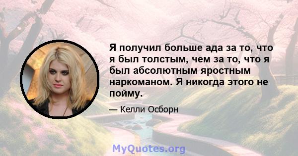 Я получил больше ада за то, что я был толстым, чем за то, что я был абсолютным яростным наркоманом. Я никогда этого не пойму.