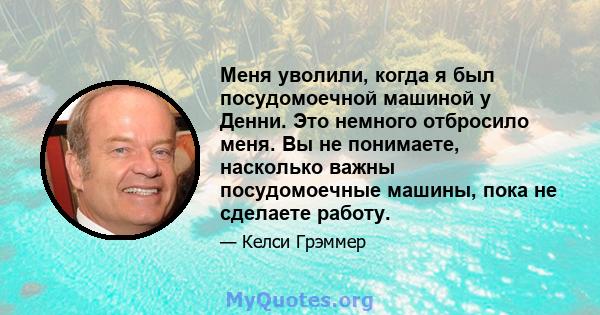 Меня уволили, когда я был посудомоечной машиной у Денни. Это немного отбросило меня. Вы не понимаете, насколько важны посудомоечные машины, пока не сделаете работу.