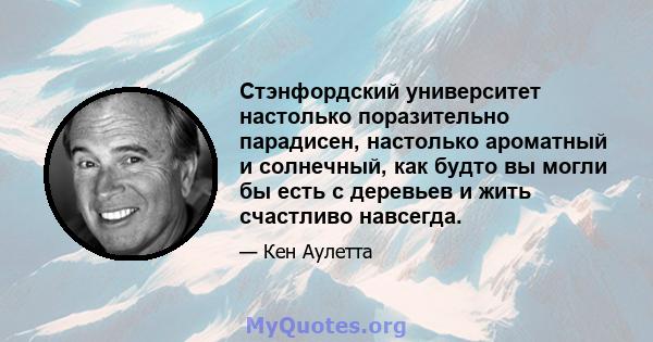 Стэнфордский университет настолько поразительно парадисен, настолько ароматный и солнечный, как будто вы могли бы есть с деревьев и жить счастливо навсегда.