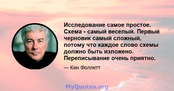 Исследование самое простое. Схема - самый веселый. Первый черновик самый сложный, потому что каждое слово схемы должно быть изложено. Переписывание очень приятно.