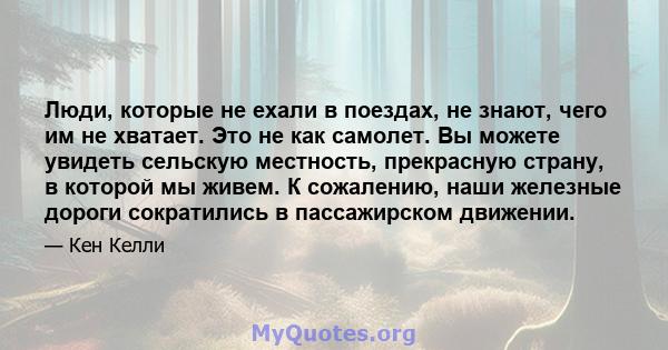 Люди, которые не ехали в поездах, не знают, чего им не хватает. Это не как самолет. Вы можете увидеть сельскую местность, прекрасную страну, в которой мы живем. К сожалению, наши железные дороги сократились в