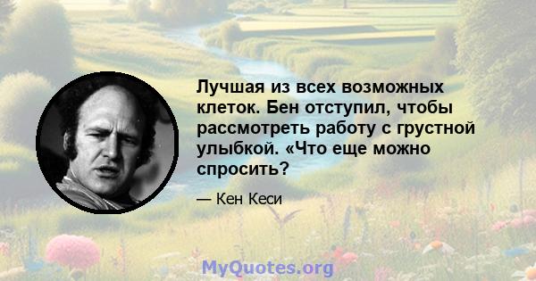 Лучшая из всех возможных клеток. Бен отступил, чтобы рассмотреть работу с грустной улыбкой. «Что еще можно спросить?