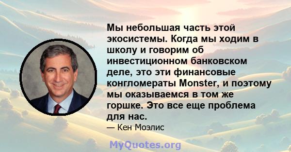 Мы небольшая часть этой экосистемы. Когда мы ходим в школу и говорим об инвестиционном банковском деле, это эти финансовые конгломераты Monster, и поэтому мы оказываемся в том же горшке. Это все еще проблема для нас.