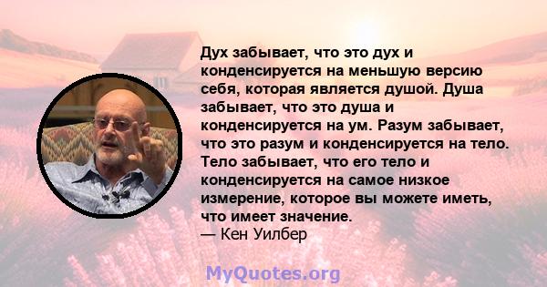 Дух забывает, что это дух и конденсируется на меньшую версию себя, которая является душой. Душа забывает, что это душа и конденсируется на ум. Разум забывает, что это разум и конденсируется на тело. Тело забывает, что