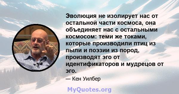 Эволюция не изолирует нас от остальной части космоса, она объединяет нас с остальными космосом: теми же токами, которые производили птиц из пыли и поэзии из пород, производят эго от идентификаторов и мудрецов от эго.