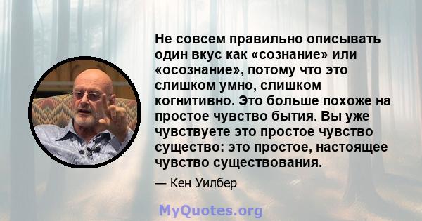 Не совсем правильно описывать один вкус как «сознание» или «осознание», потому что это слишком умно, слишком когнитивно. Это больше похоже на простое чувство бытия. Вы уже чувствуете это простое чувство существо: это