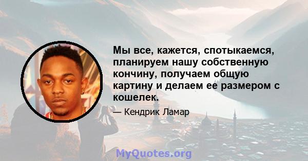 Мы все, кажется, спотыкаемся, планируем нашу собственную кончину, получаем общую картину и делаем ее размером с кошелек.