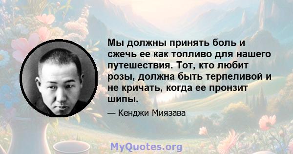 Мы должны принять боль и сжечь ее как топливо для нашего путешествия. Тот, кто любит розы, должна быть терпеливой и не кричать, когда ее пронзит шипы.