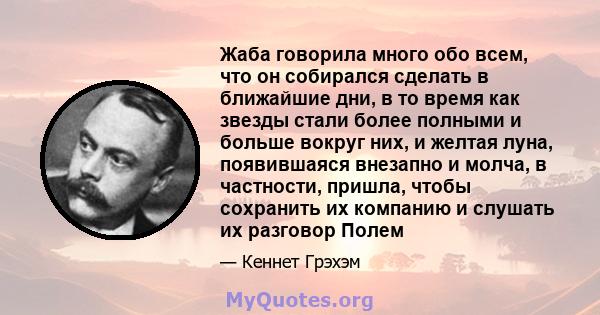 Жаба говорила много обо всем, что он собирался сделать в ближайшие дни, в то время как звезды стали более полными и больше вокруг них, и желтая луна, появившаяся внезапно и молча, в частности, пришла, чтобы сохранить их 