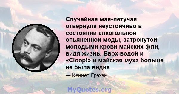 Случайная мая-летучая отвернула неустойчиво в состоянии алкогольной опьяненной моды, затронутой молодыми крови майских фли, видя жизнь. Ввох водой и «Cloop!» и майская муха больше не была видна