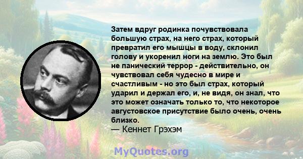 Затем вдруг родинка почувствовала большую страх, на него страх, который превратил его мышцы в воду, склонил голову и укоренил ноги на землю. Это был не панический террор - действительно, он чувствовал себя чудесно в