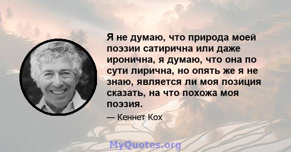 Я не думаю, что природа моей поэзии сатирична или даже иронична, я думаю, что она по сути лирична, но опять же я не знаю, является ли моя позиция сказать, на что похожа моя поэзия.