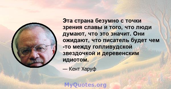 Эта страна безумно с точки зрения славы и того, что люди думают, что это значит. Они ожидают, что писатель будет чем -то между голливудской звездочкой и деревенским идиотом.