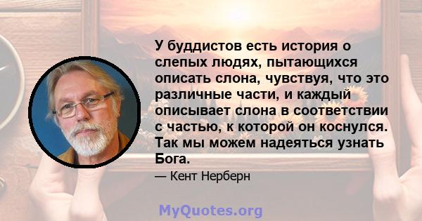 У буддистов есть история о слепых людях, пытающихся описать слона, чувствуя, что это различные части, и каждый описывает слона в соответствии с частью, к которой он коснулся. Так мы можем надеяться узнать Бога.