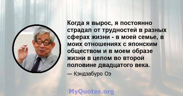 Когда я вырос, я постоянно страдал от трудностей в разных сферах жизни - в моей семье, в моих отношениях с японским обществом и в моем образе жизни в целом во второй половине двадцатого века.