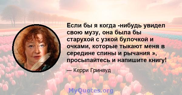 Если бы я когда -нибудь увидел свою музу, она была бы старухой с узкой булочкой и очками, которые тыкают меня в середине спины и рычания », просыпайтесь и напишите книгу!