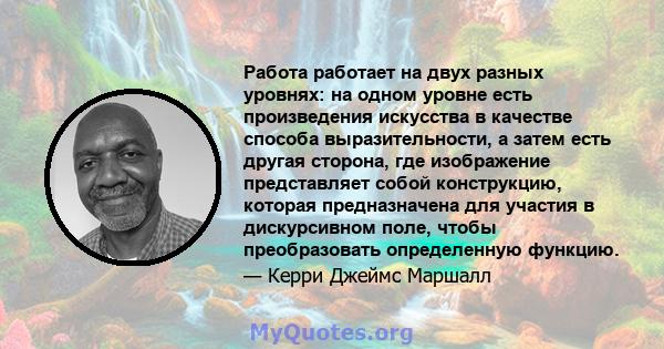 Работа работает на двух разных уровнях: на одном уровне есть произведения искусства в качестве способа выразительности, а затем есть другая сторона, где изображение представляет собой конструкцию, которая предназначена