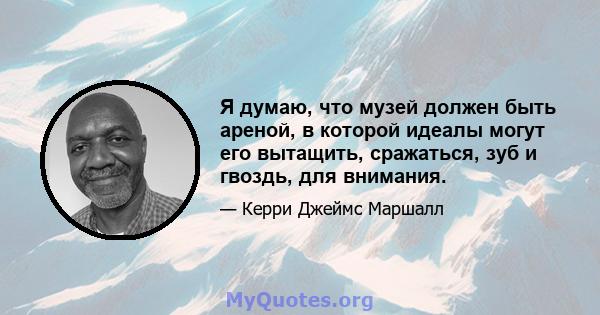 Я думаю, что музей должен быть ареной, в которой идеалы могут его вытащить, сражаться, зуб и гвоздь, для внимания.