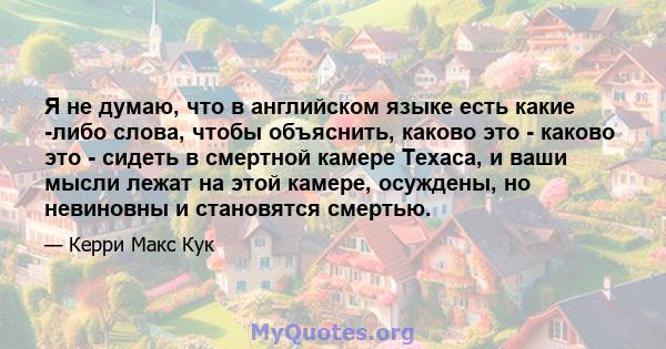 Я не думаю, что в английском языке есть какие -либо слова, чтобы объяснить, каково это - каково это - сидеть в смертной камере Техаса, и ваши мысли лежат на этой камере, осуждены, но невиновны и становятся смертью.