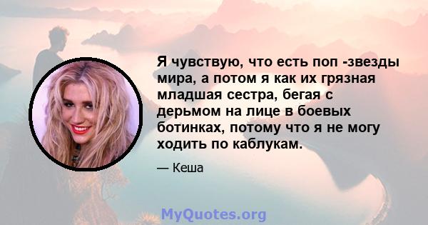 Я чувствую, что есть поп -звезды мира, а потом я как их грязная младшая сестра, бегая с дерьмом на лице в боевых ботинках, потому что я не могу ходить по каблукам.