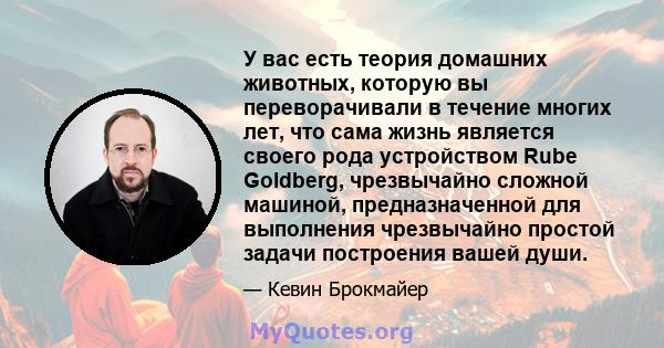 У вас есть теория домашних животных, которую вы переворачивали в течение многих лет, что сама жизнь является своего рода устройством Rube Goldberg, чрезвычайно сложной машиной, предназначенной для выполнения чрезвычайно 