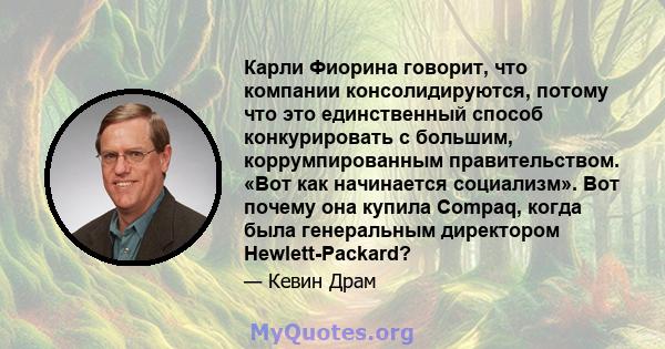 Карли Фиорина говорит, что компании консолидируются, потому что это единственный способ конкурировать с большим, коррумпированным правительством. «Вот как начинается социализм». Вот почему она купила Compaq, когда была