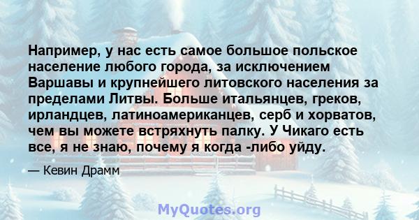 Например, у нас есть самое большое польское население любого города, за исключением Варшавы и крупнейшего литовского населения за пределами Литвы. Больше итальянцев, греков, ирландцев, латиноамериканцев, серб и