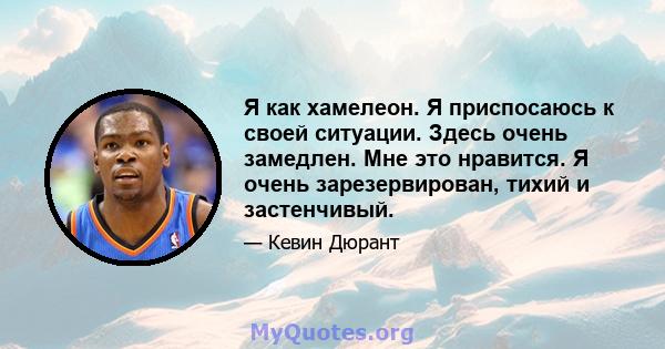 Я как хамелеон. Я приспосаюсь к своей ситуации. Здесь очень замедлен. Мне это нравится. Я очень зарезервирован, тихий и застенчивый.