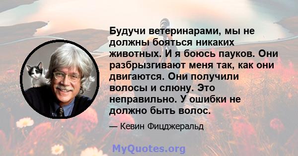 Будучи ветеринарами, мы не должны бояться никаких животных. И я боюсь пауков. Они разбрызгивают меня так, как они двигаются. Они получили волосы и слюну. Это неправильно. У ошибки не должно быть волос.