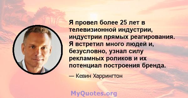 Я провел более 25 лет в телевизионной индустрии, индустрии прямых реагирования. Я встретил много людей и, безусловно, узнал силу рекламных роликов и их потенциал построения бренда.