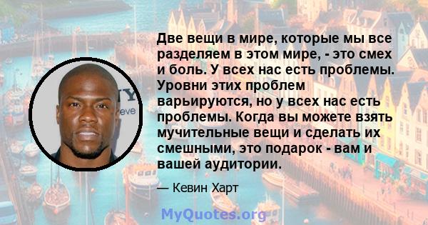 Две вещи в мире, которые мы все разделяем в этом мире, - это смех и боль. У всех нас есть проблемы. Уровни этих проблем варьируются, но у всех нас есть проблемы. Когда вы можете взять мучительные вещи и сделать их