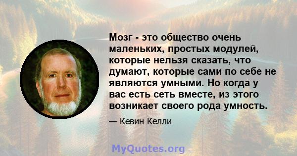 Мозг - это общество очень маленьких, простых модулей, которые нельзя сказать, что думают, которые сами по себе не являются умными. Но когда у вас есть сеть вместе, из этого возникает своего рода умность.