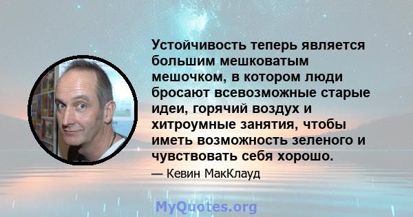 Устойчивость теперь является большим мешковатым мешочком, в котором люди бросают всевозможные старые идеи, горячий воздух и хитроумные занятия, чтобы иметь возможность зеленого и чувствовать себя хорошо.