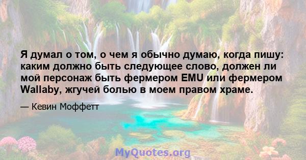 Я думал о том, о чем я обычно думаю, когда пишу: каким должно быть следующее слово, должен ли мой персонаж быть фермером EMU или фермером Wallaby, жгучей болью в моем правом храме.