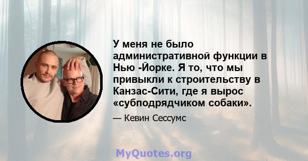 У меня не было административной функции в Нью -Йорке. Я то, что мы привыкли к строительству в Канзас-Сити, где я вырос «субподрядчиком собаки».