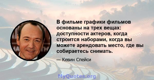 В фильме графики фильмов основаны на трех вещах: доступности актеров, когда строится наборами, когда вы можете арендовать место, где вы собираетесь снимать.