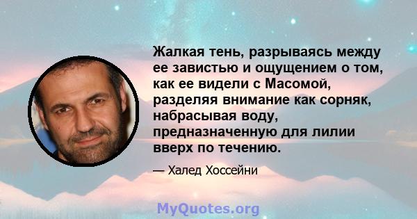 Жалкая тень, разрываясь между ее завистью и ощущением о том, как ее видели с Масомой, разделяя внимание как сорняк, набрасывая воду, предназначенную для лилии вверх по течению.