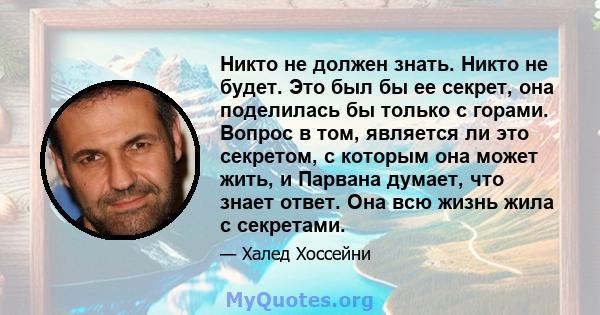 Никто не должен знать. Никто не будет. Это был бы ее секрет, она поделилась бы только с горами. Вопрос в том, является ли это секретом, с которым она может жить, и Парвана думает, что знает ответ. Она всю жизнь жила с