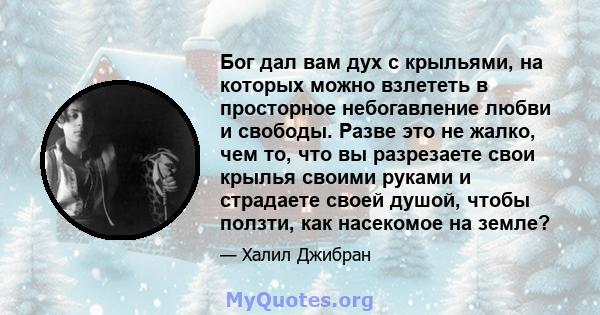 Бог дал вам дух с крыльями, на которых можно взлететь в просторное небогавление любви и свободы. Разве это не жалко, чем то, что вы разрезаете свои крылья своими руками и страдаете своей душой, чтобы ползти, как