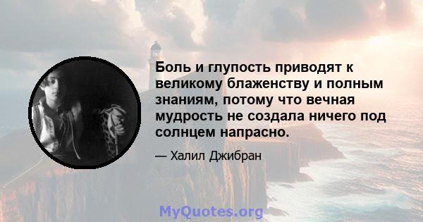 Боль и глупость приводят к великому блаженству и полным знаниям, потому что вечная мудрость не создала ничего под солнцем напрасно.