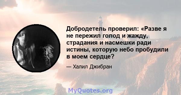 Добродетель проверил: «Разве я не пережил голод и жажду, страдания и насмешки ради истины, которую небо пробудили в моем сердце?