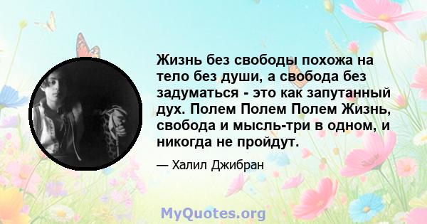 Жизнь без свободы похожа на тело без души, а свобода без задуматься - это как запутанный дух. Полем Полем Полем Жизнь, свобода и мысль-три в одном, и никогда не пройдут.