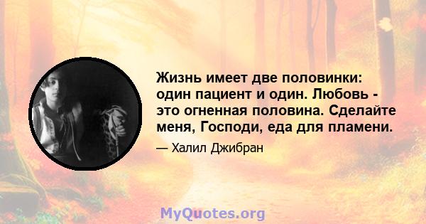 Жизнь имеет две половинки: один пациент и один. Любовь - это огненная половина. Сделайте меня, Господи, еда для пламени.