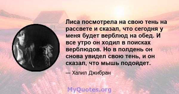 Лиса посмотрела на свою тень на рассвете и сказал, что сегодня у меня будет верблюд на обед. И все утро он ходил в поисках верблюдов. Но в полдень он снова увидел свою тень, и он сказал, что мышь подойдет.