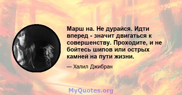 Марш на. Не дурайся. Идти вперед - значит двигаться к совершенству. Проходите, и не бойтесь шипов или острых камней на пути жизни.