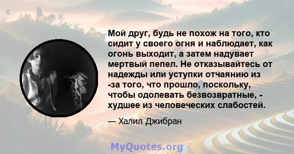 Мой друг, будь не похож на того, кто сидит у своего огня и наблюдает, как огонь выходит, а затем надувает мертвый пепел. Не отказывайтесь от надежды или уступки отчаянию из -за того, что прошло, поскольку, чтобы